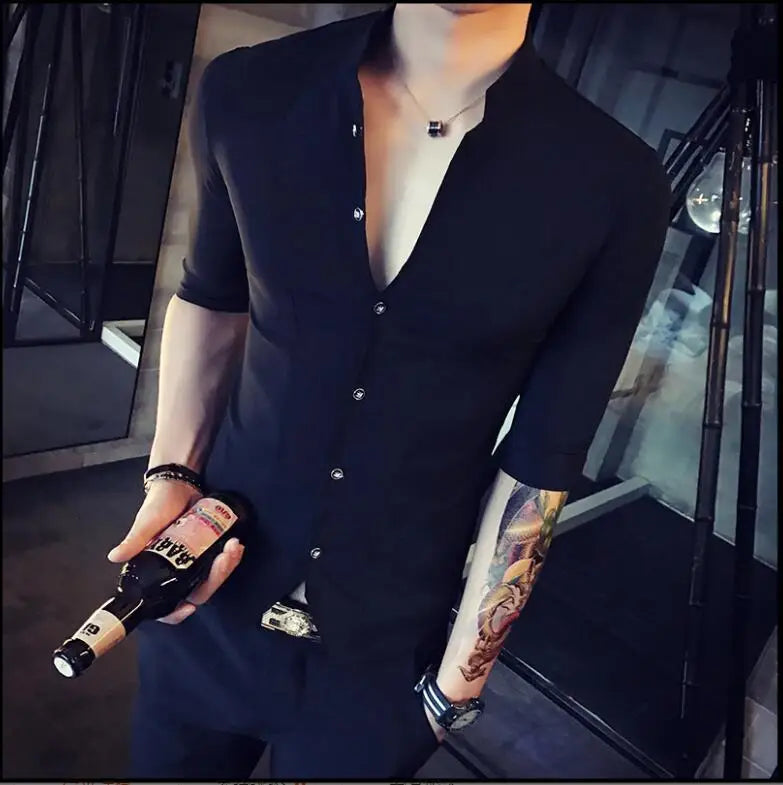 Men's Stand-up Collar Shirt 2024 Summer New Men's Fashion Slim Korean Half Sleeve High Quality Summer Short Sleeve Shirt