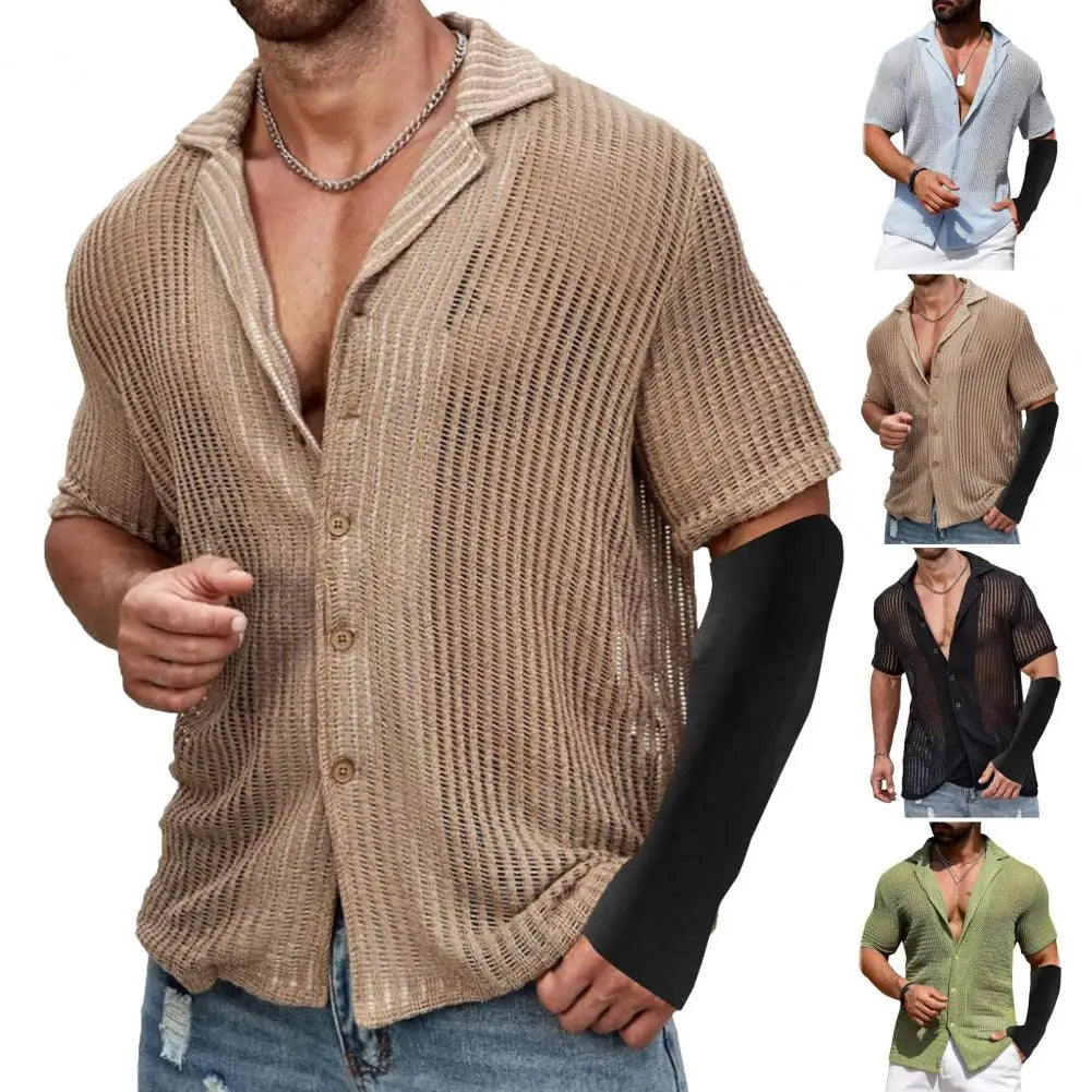 Summer Men Shirt Knitted Hollow Elastic Vintage Short Sleeves Shirt Single-breasted Cardigan Vacation Beach Top