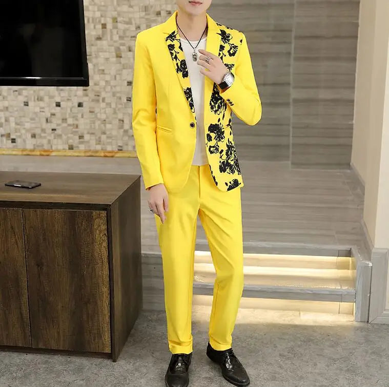 2024 New Men's Yellow Printed Suit Jacket and Trousers Spring Autumn Slim Men 2 Piece White Black Blazer Pants