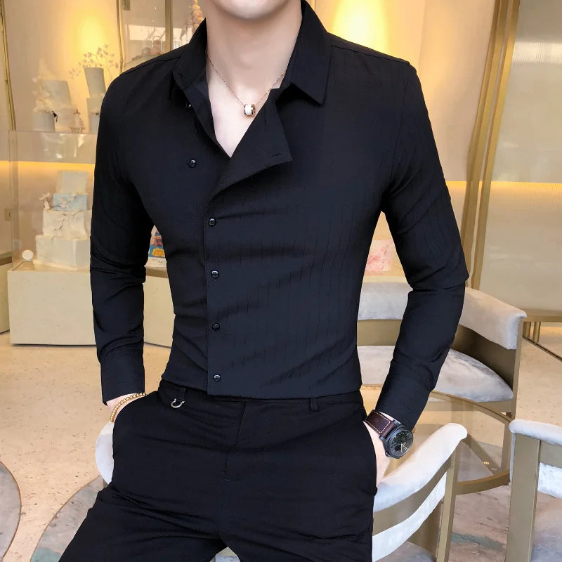 Men British Business Formal Social Long-sleeved Shirts Solid Color Homme Casual Slim Side Front Personality Party Banquet Blouse