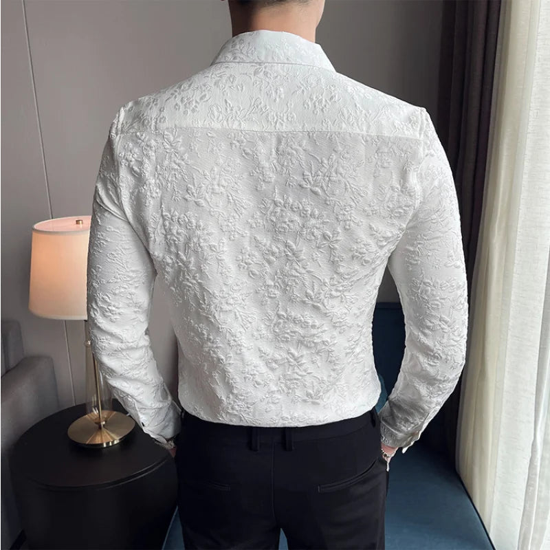 Luxury Vintage Jacquard Shirt 2024 Spring Long Sleeve Slim Fit Casual Tuxedo Fashion Man Wedding social Shirts Plus Size 4XL-M