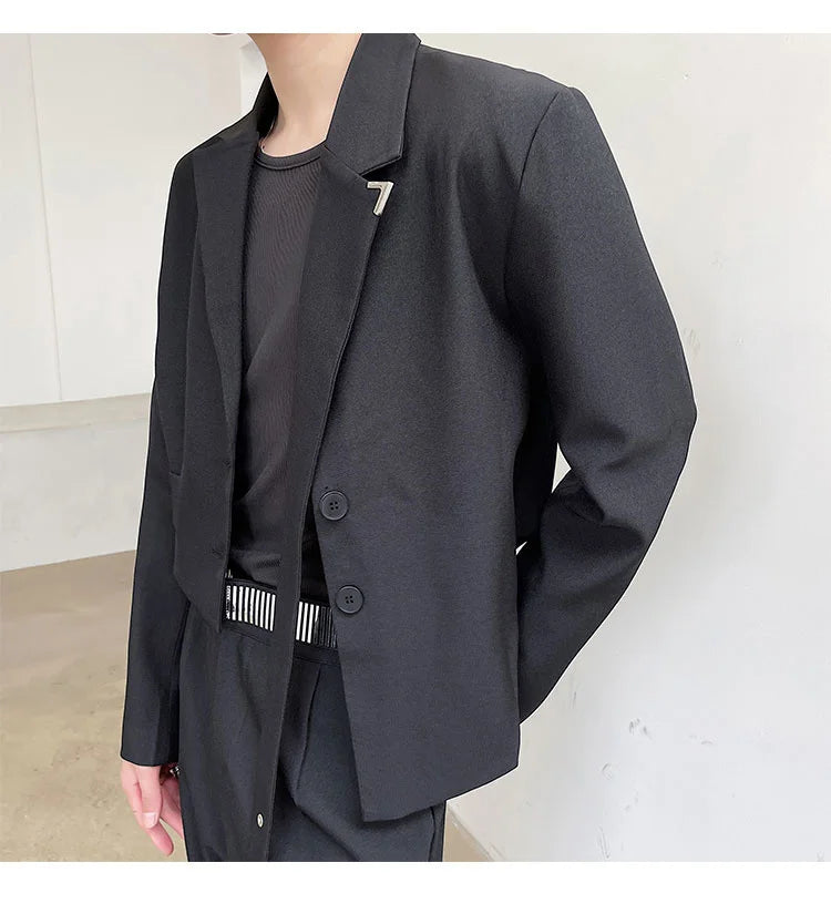 IEFB Men's Chic Short Blazer 2023 New Autumn Detachable Two-piece Suit Coat Irregular Hem Fashion Design Black Jacket 9Y9250