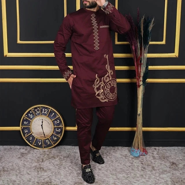 2024New elegant black 2 piece shirt pants suit long sleeve African national style embroidered suit long gown men's clothing