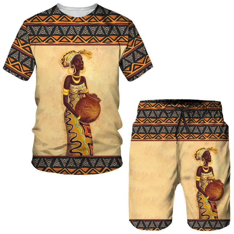 Fashion Men Summer Crew Neck Short Sleeve Top/Shorts/Retro Ethnic Style African Clothes Street Outfits Men's Leisure Sports Suit