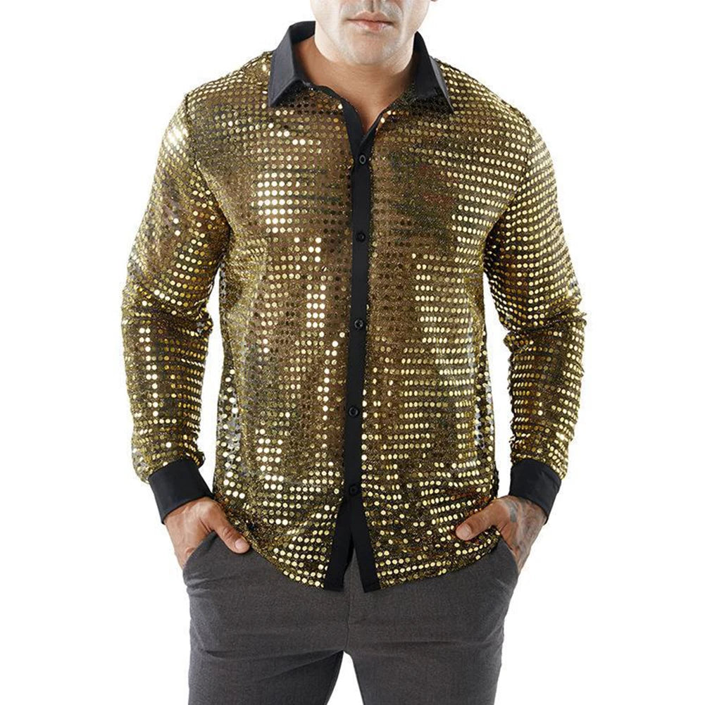 2023 Fashion Mens Sparkly Sequins Party Dance Shirts Retro 70s Disco Nightclub Shirt Tops Single Breasted Performance Clothing