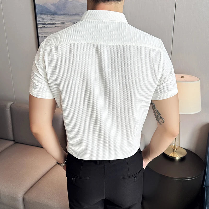 Men Waffle Shirt Short Sleeved 2024 Summer New Thin British Style Business Solid Casual Non Iron Slim Fit Shirt Men's Clothing