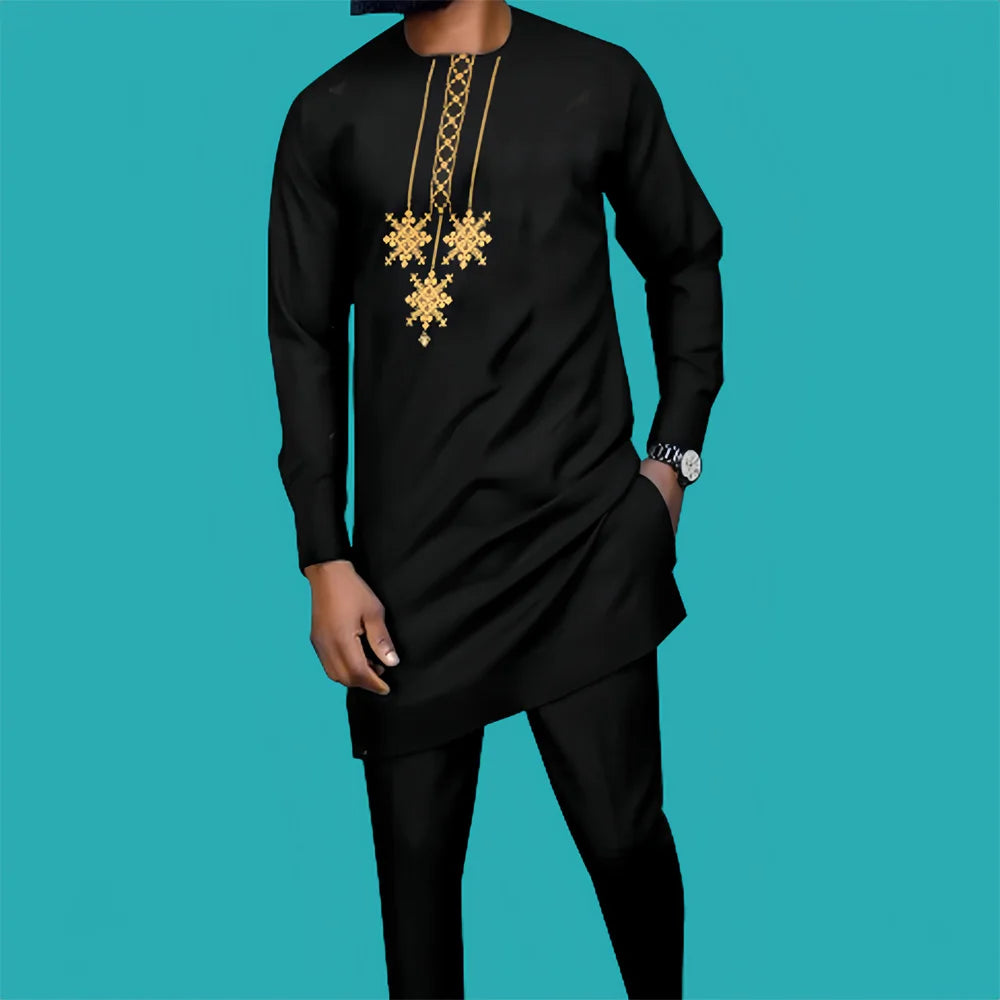 Men's 2Piece Suits Outfits Embroidered Pocket Tops Pants Man Sets African Ethnic Style Costume Male Clothing Traditional Wear