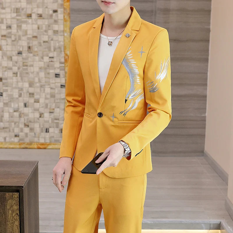 2024 New Men's Yellow Printed Suit Jacket and Trousers Spring Autumn Slim Men 2 Piece White Black Blazer Pants