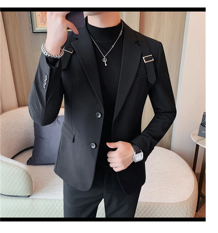 Brand Autumn Winter Strap Decoration Suit Jacket for Men Slim Fit Casual Business Blazers Fashion Wedding Groom Social Coat 2023