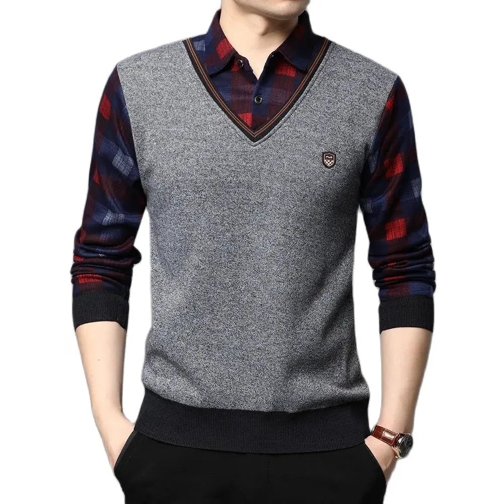 SHiONFA Autumn Winter Men's Long Sleeve Sweater Shirts Fake Two Pieces Pullovers Fleece Thick Shirt Knitted Casual Clothing 4XL