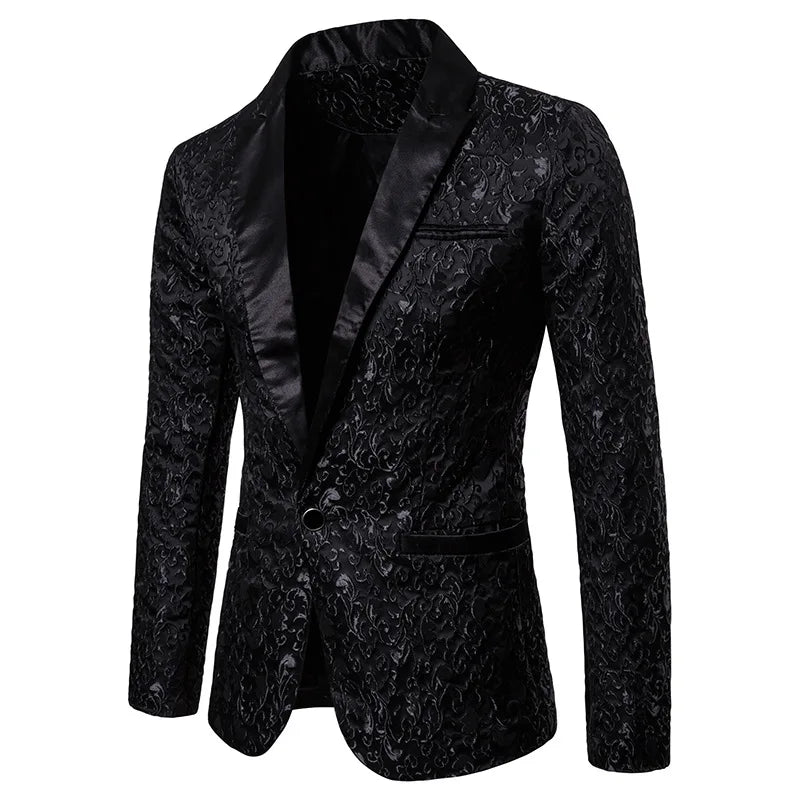 Fashion Men Business Social Jacquard Suit Jacket Single Breasted Top Black / White / Gold Men's Wedding Party Dress Blazers Coat