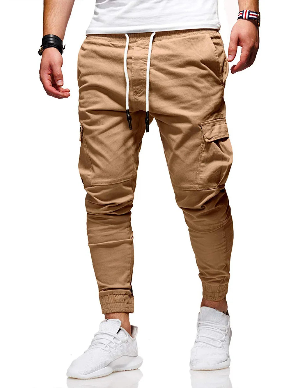 Men's Jogging Pants Denim Flip Pocket Side Drawstring Waist Overalls Leisure Elastic Sports Pants Training Tactical Pants