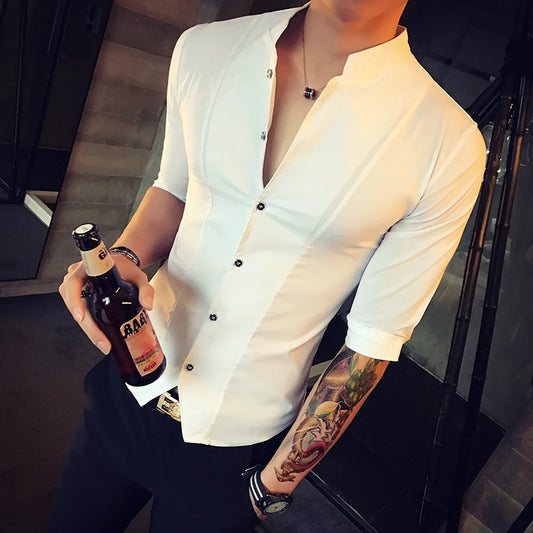 Men's Stand-up Collar Shirt 2024 Summer New Men's Fashion Slim Korean Half Sleeve High Quality Summer Short Sleeve Shirt