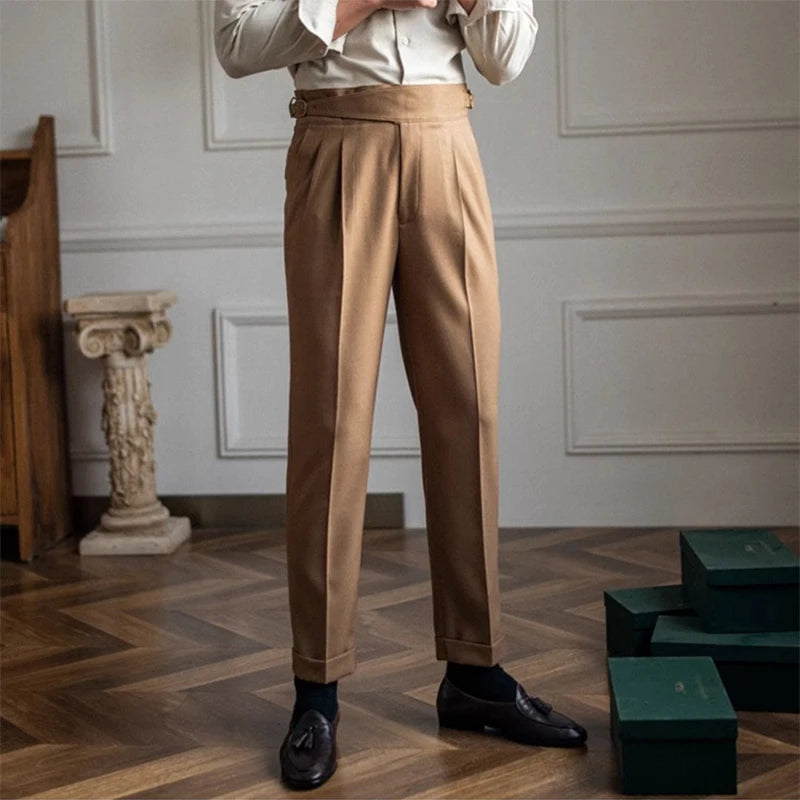 New Casual Solid Color Suit Trousers Men Spring Trendy Belt High Waist Pants Male Business Office Fashion Pleated Straight Pants