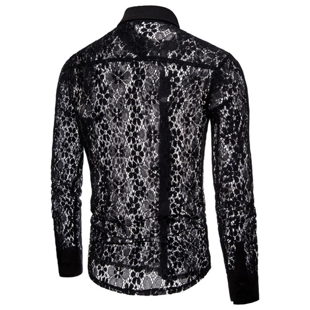 Turn Down Collar Cotton Men Shirts Long Sleeve Buttons Shirt Men Solid Color Sexy Lace See Through Clubwear Down Shirt