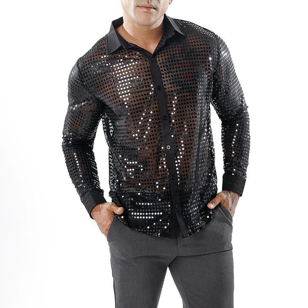 2023 Fashion Mens Sparkly Sequins Party Dance Shirts Retro 70s Disco Nightclub Shirt Tops Single Breasted Performance Clothing