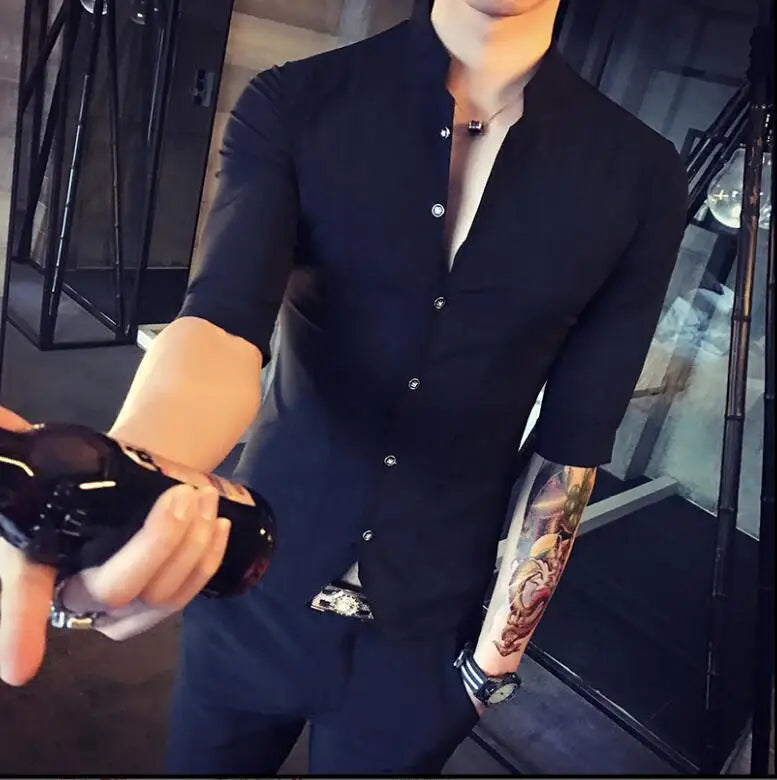 Men's Stand-up Collar Shirt 2024 Summer New Men's Fashion Slim Korean Half Sleeve High Quality Summer Short Sleeve Shirt