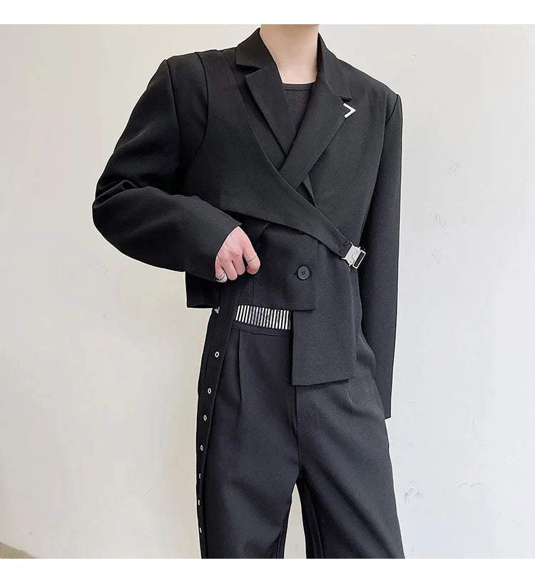 IEFB Men's Chic Short Blazer 2023 New Autumn Detachable Two-piece Suit Coat Irregular Hem Fashion Design Black Jacket 9Y9250