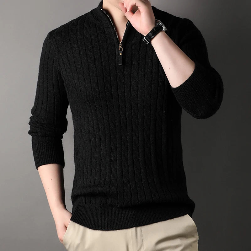 2023 Winter Men's Quarter Zip Sweater Slim Fit Casual Knitted Turtleneck Pullover Mock Neck Polo Sweater