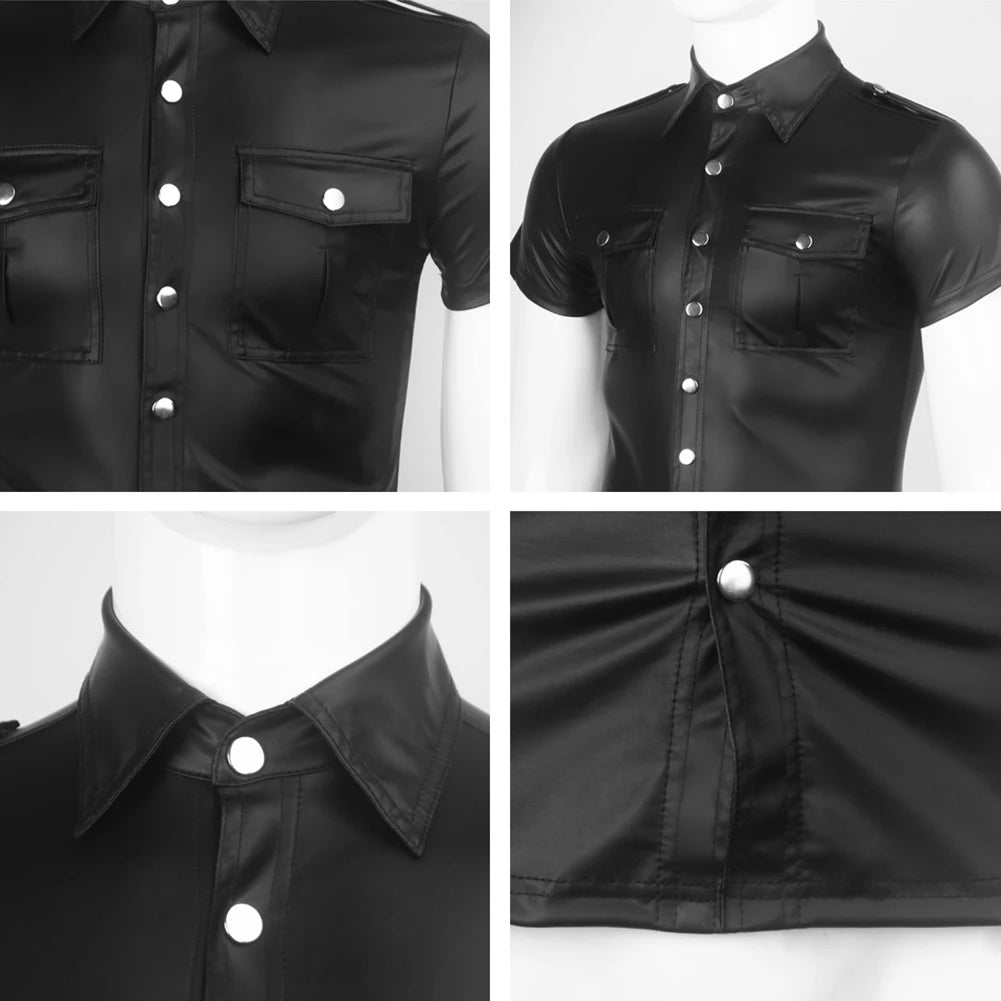 Men Faux Leather Uniform Shirt Collared Short Sleeve Tee Wet Look Top Blouse Button Up T Shirt Nightclub Stage Costumes Tops