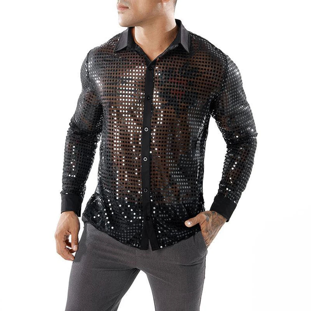 2023 Fashion Mens Sparkly Sequins Party Dance Shirts Retro 70s Disco Nightclub Shirt Tops Single Breasted Performance Clothing