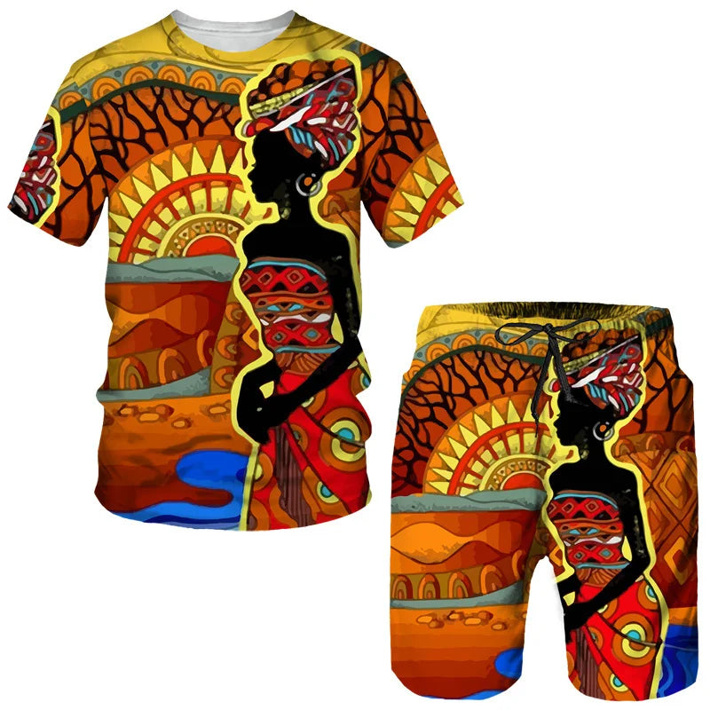 Fashion Men Summer Crew Neck Short Sleeve Top/Shorts/Retro Ethnic Style African Clothes Street Outfits Men's Leisure Sports Suit