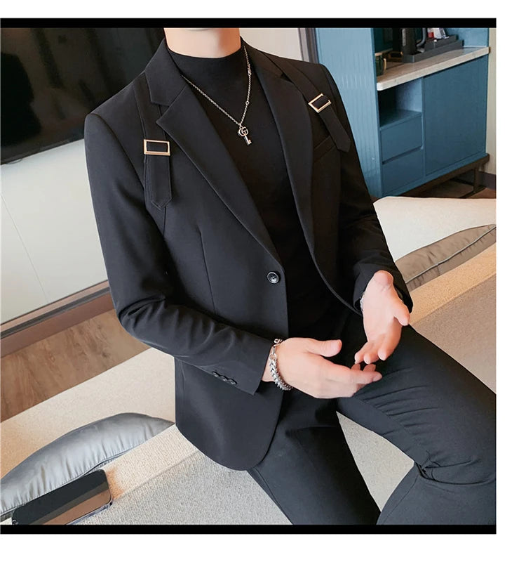 Brand Autumn Winter Strap Decoration Suit Jacket for Men Slim Fit Casual Business Blazers Fashion Wedding Groom Social Coat 2023