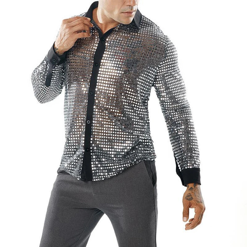 2023 Fashion Mens Sparkly Sequins Party Dance Shirts Retro 70s Disco Nightclub Shirt Tops Single Breasted Performance Clothing