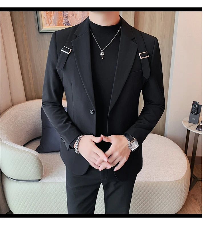 Brand Autumn Winter Strap Decoration Suit Jacket for Men Slim Fit Casual Business Blazers Fashion Wedding Groom Social Coat 2023