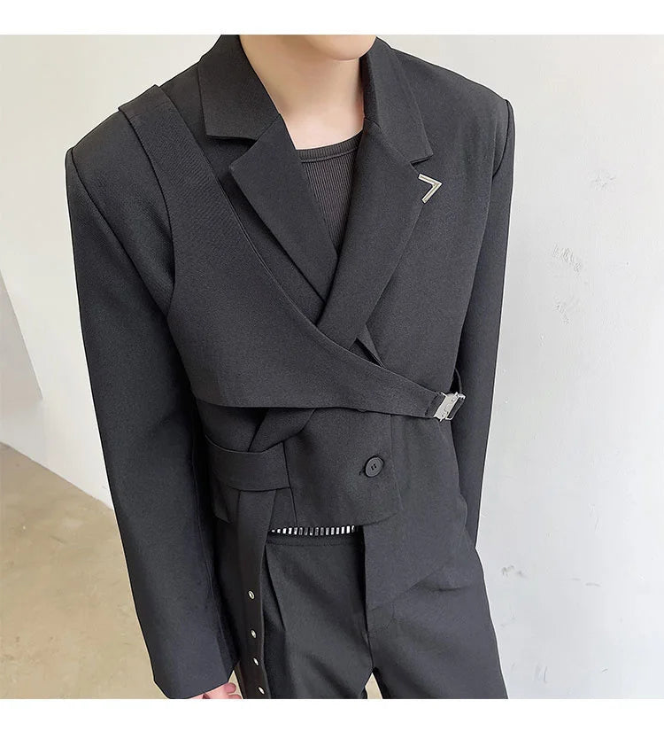 IEFB Men's Chic Short Blazer 2023 New Autumn Detachable Two-piece Suit Coat Irregular Hem Fashion Design Black Jacket 9Y9250