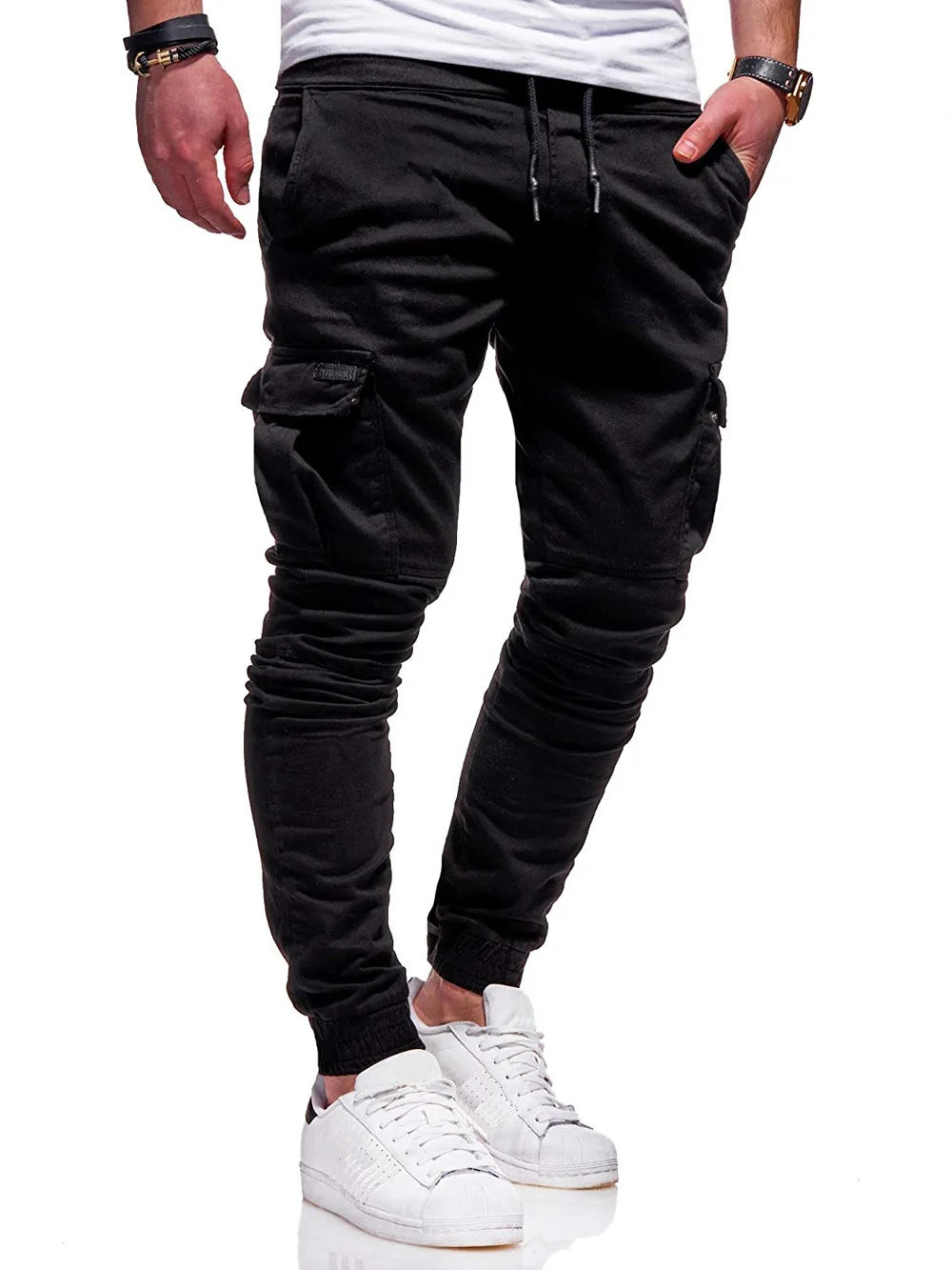 Men's Jogging Pants Denim Flip Pocket Side Drawstring Waist Overalls Leisure Elastic Sports Pants Training Tactical Pants