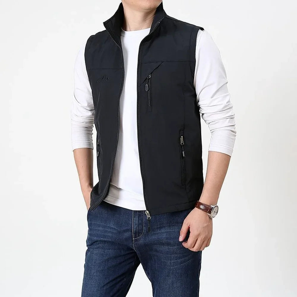 Summer Thin Vest Jacket Men Outdoor Casual Clothes Lightweight Short Sleeve Vests Men Stand Collar Male Trekking Coat Traveling