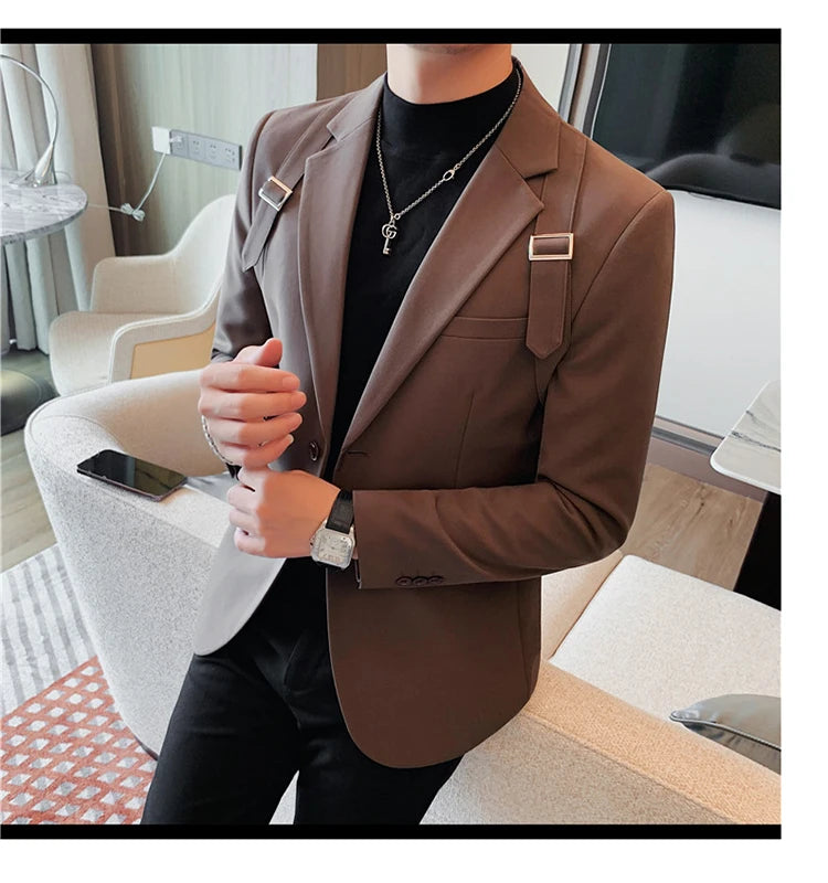 Brand Autumn Winter Strap Decoration Suit Jacket for Men Slim Fit Casual Business Blazers Fashion Wedding Groom Social Coat 2023