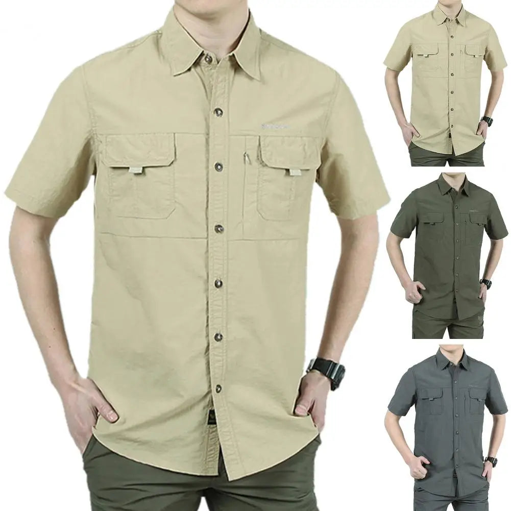 Summer Men Short Sleeve Shirts Quick Dry Turn Down Collar Shirt Outdoor Hiking Camping Fishing Clothing