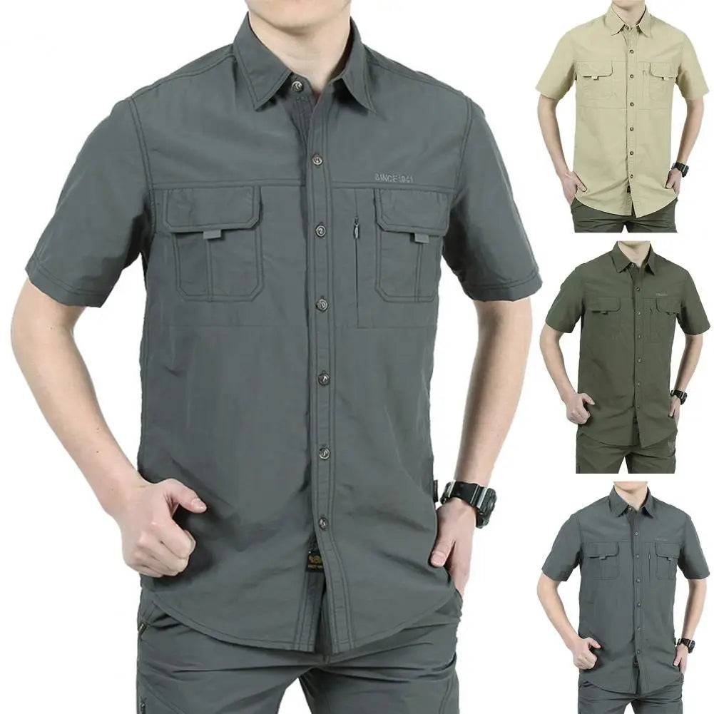 Summer Men Short Sleeve Shirts Quick Dry Turn Down Collar Shirt Outdoor Hiking Camping Fishing Clothing