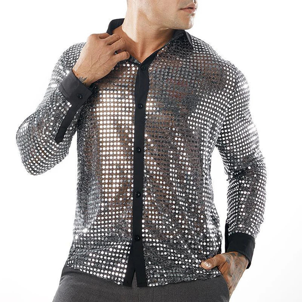 2023 Fashion Mens Sparkly Sequins Party Dance Shirts Retro 70s Disco Nightclub Shirt Tops Single Breasted Performance Clothing