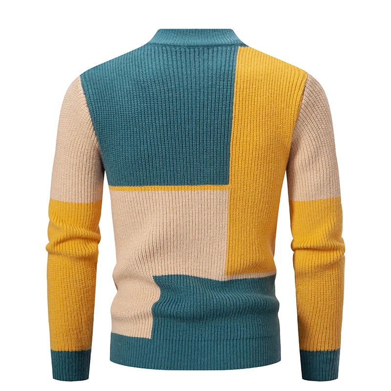 Autumn Winter Fashion Y2K Mock Neck Sweater Men Patchwork Casual Knit Pullovers Warm Male High Quality Knitwear Slim Kitted Tops