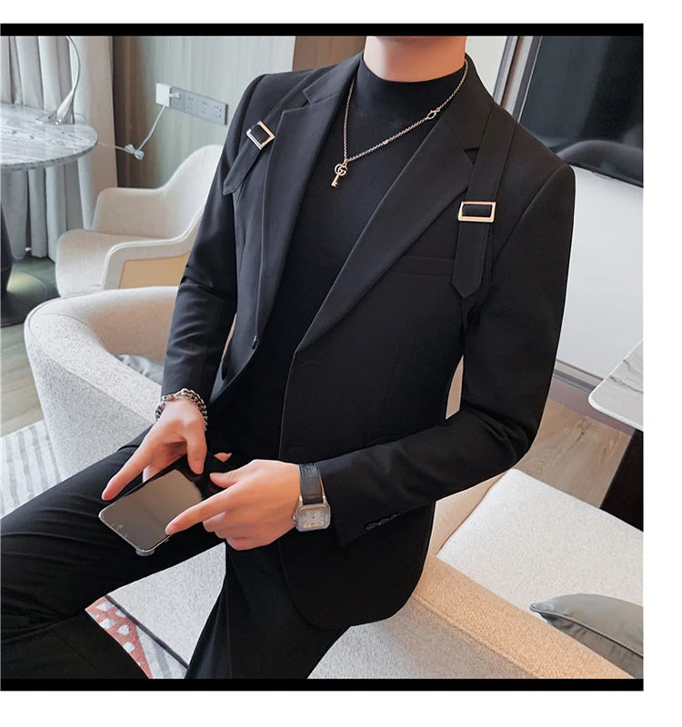 Brand Autumn Winter Strap Decoration Suit Jacket for Men Slim Fit Casual Business Blazers Fashion Wedding Groom Social Coat 2023