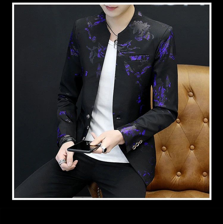 Men's Printed Small Suit Male Korean Version of The Self-cultivation Stand-up Collar Chinese Tunic Casual Suit Thin Jacket Youth