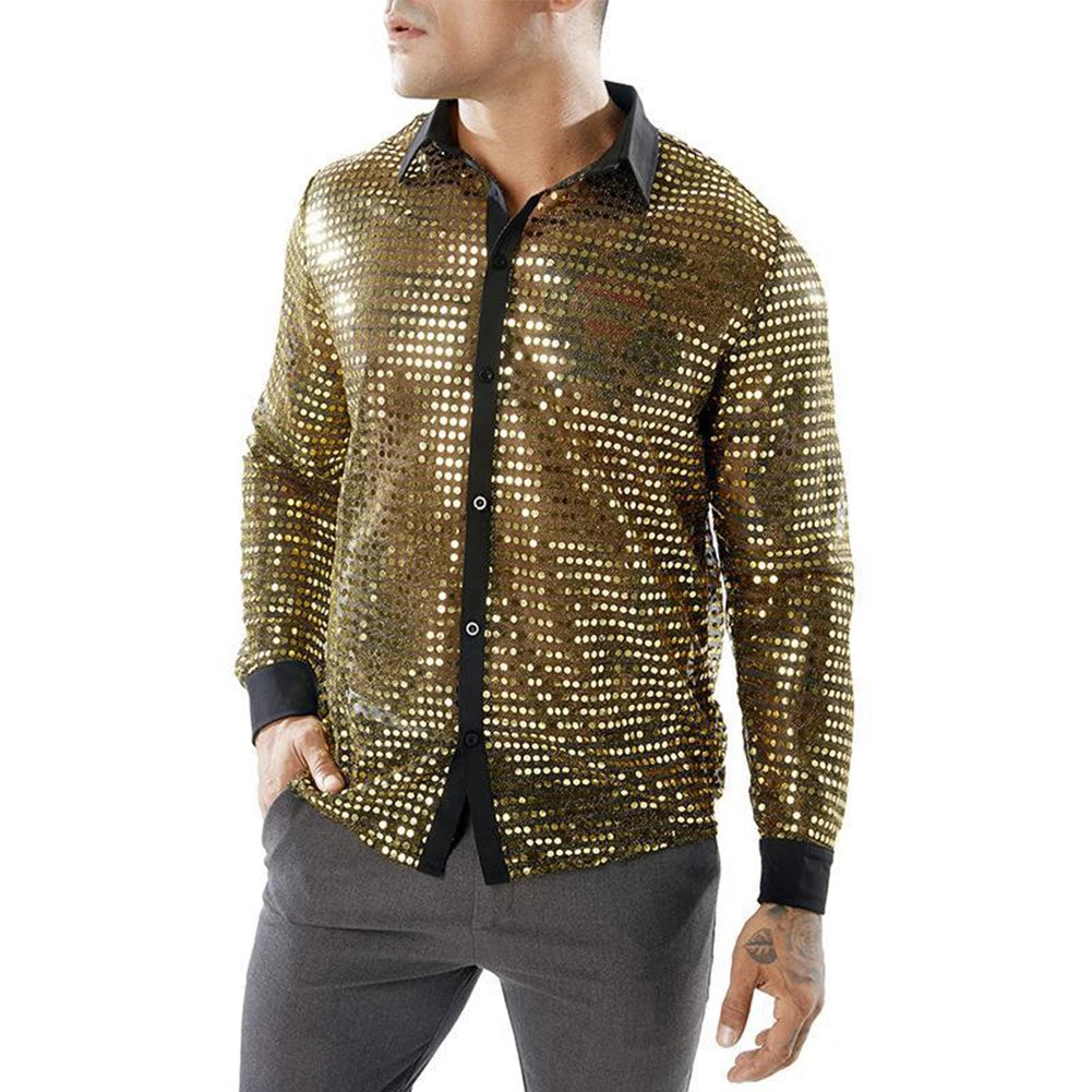 2023 Fashion Mens Sparkly Sequins Party Dance Shirts Retro 70s Disco Nightclub Shirt Tops Single Breasted Performance Clothing