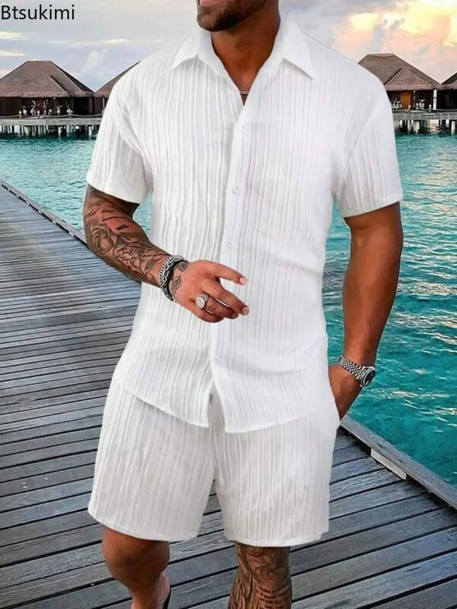 Men's Beach Style Sets 2024 High-Quality Strip Texture Comfotable Casual 2-Piece Man Short Sleeve Shirts+Short Pants Suits Sets