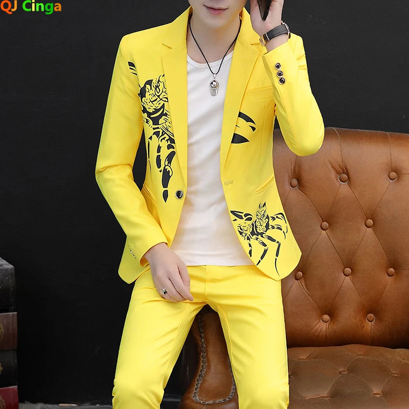 2024 New Men's Yellow Printed Suit Jacket and Trousers Spring Autumn Slim Men 2 Piece White Black Blazer Pants