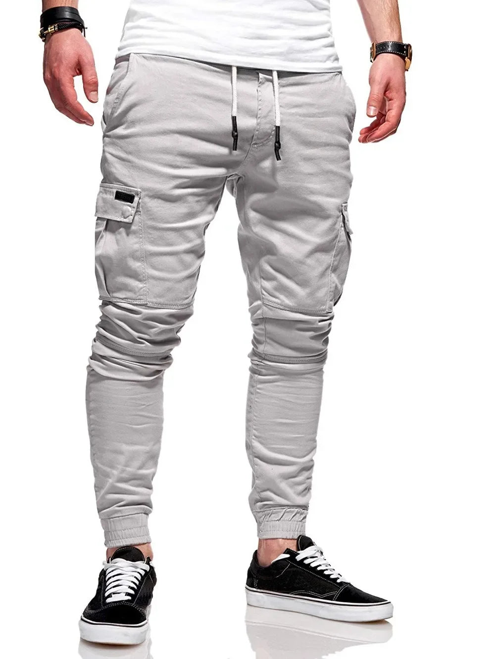 Men's Jogging Pants Denim Flip Pocket Side Drawstring Waist Overalls Leisure Elastic Sports Pants Training Tactical Pants