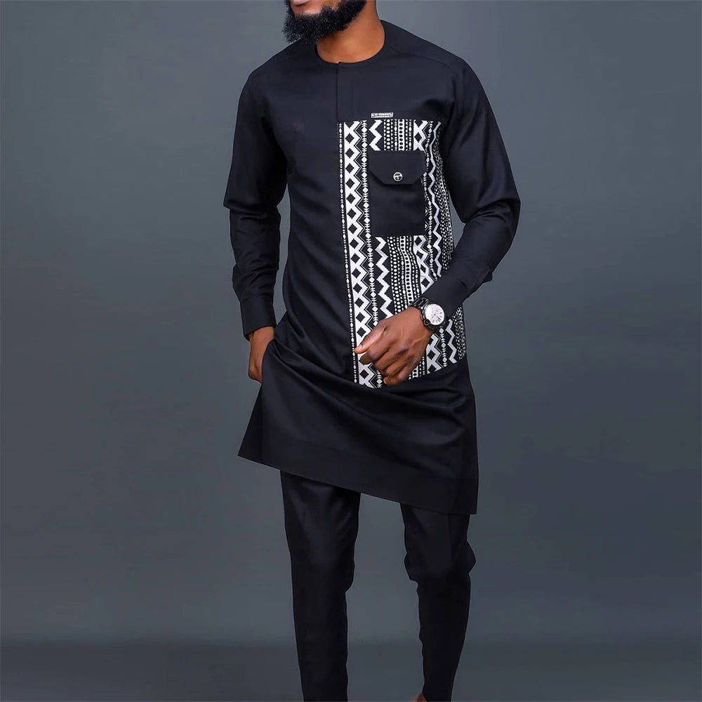 Dashiki African Men Clothing Long Sleeve Round Neck Geometric Panel Shirt and Pants 2-Piece Sets Wedding Party Elegant Men Suit