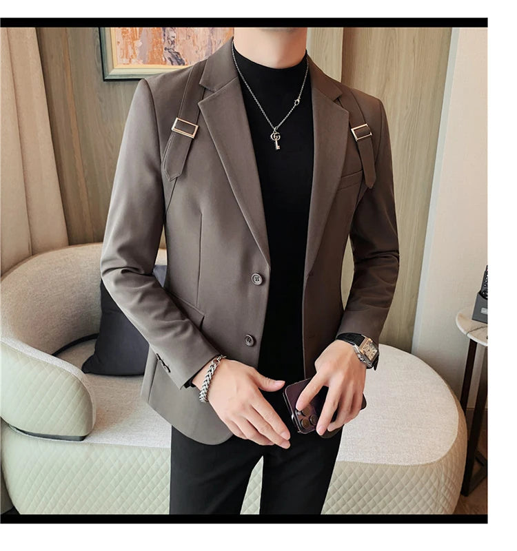 Brand Autumn Winter Strap Decoration Suit Jacket for Men Slim Fit Casual Business Blazers Fashion Wedding Groom Social Coat 2023