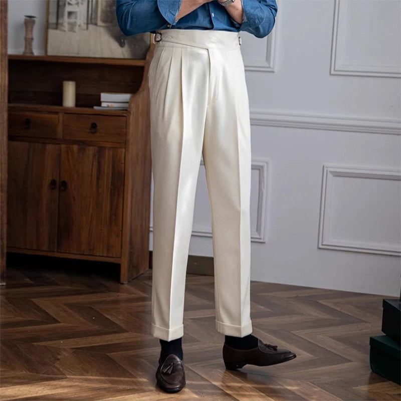 New Casual Solid Color Suit Trousers Men Spring Trendy Belt High Waist Pants Male Business Office Fashion Pleated Straight Pants