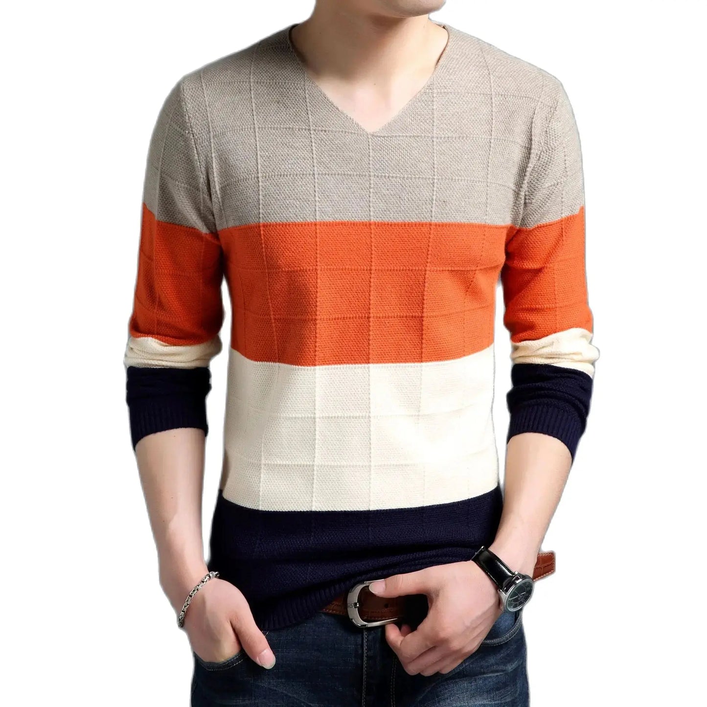 New Men Pullover Fashion Young V Neck Spring Autumn Slim Fit  Knit Patchwork Striped Male Casual Jumpers Outwear Full Sweater