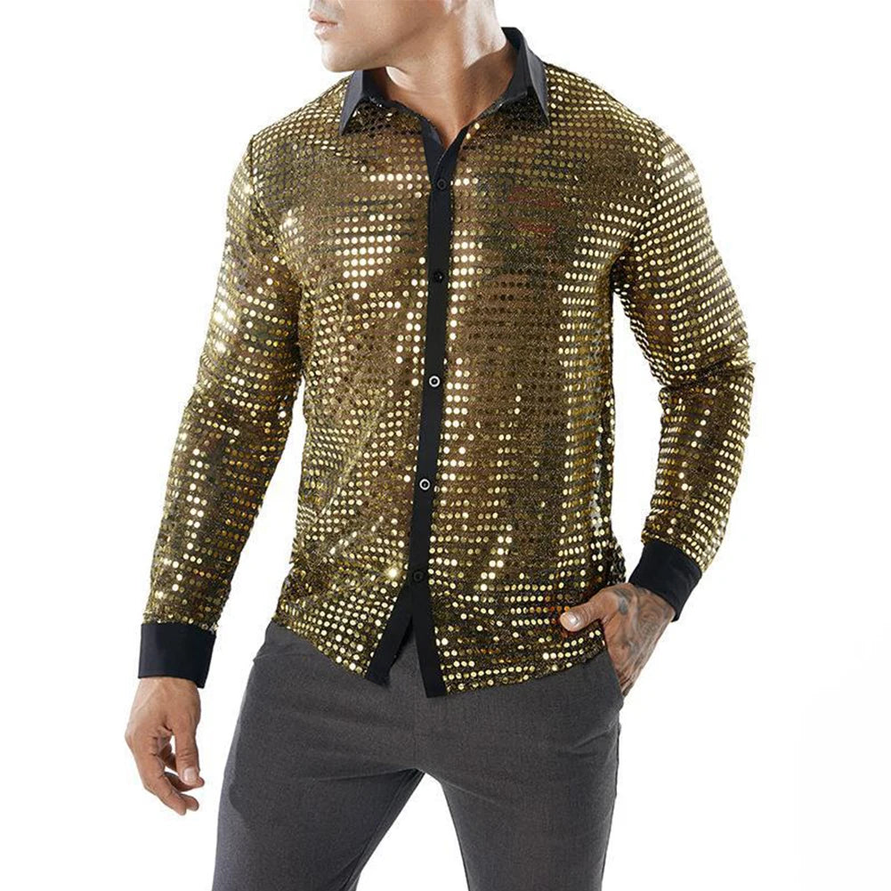 2023 Fashion Mens Sparkly Sequins Party Dance Shirts Retro 70s Disco Nightclub Shirt Tops Single Breasted Performance Clothing