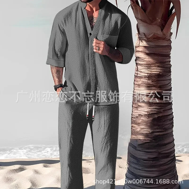 Summer Casual Cotton Linen Two Piece Men Set Fashion Loose V Neck Half Sleeve Tops and Trouser Suits Mens