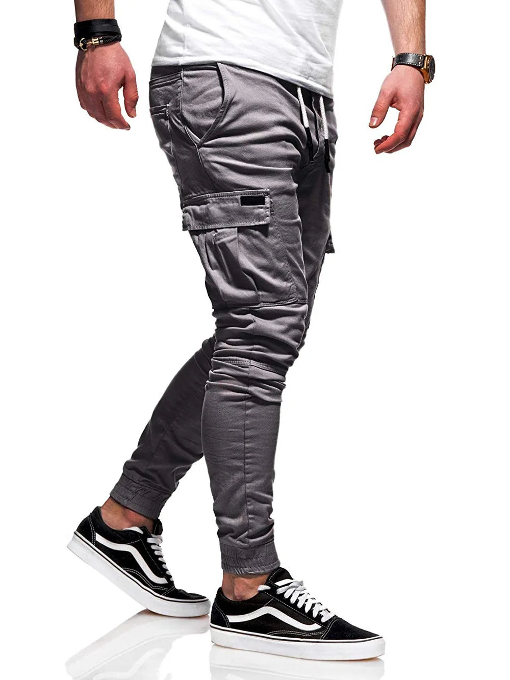 Men's Jogging Pants Denim Flip Pocket Side Drawstring Waist Overalls Leisure Elastic Sports Pants Training Tactical Pants